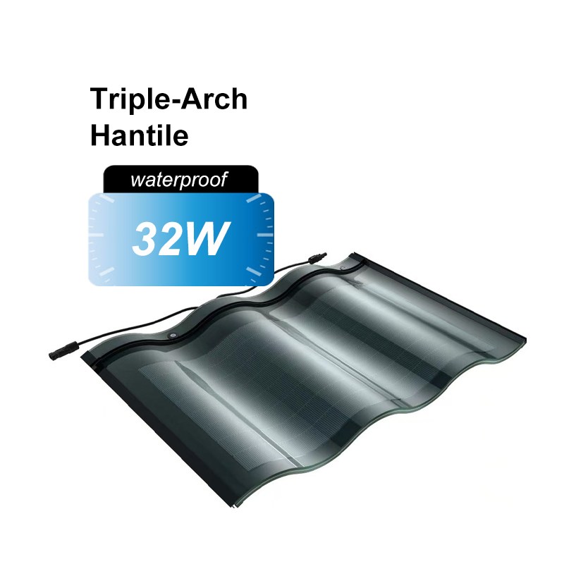 Close‑up of tri‑curved solar tiles showing curved geometry, PV cells, and waterproof interlocking edges