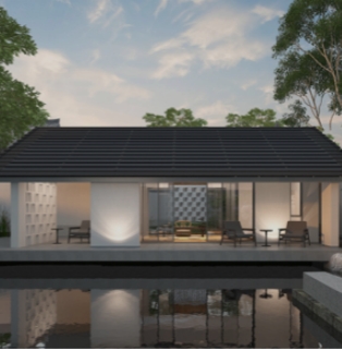 Modern Villa Integrated BIPV Solar Shingle Roof Application Effect Modern minimalist villa featuring a seamless black BIPV solar tile roof, beautifully integrated with the residential architecture and reflecting onto a peaceful front pool at dusk