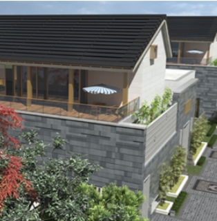 Modular BIPV Solar Roof Tile System for Multi-Residential Villas Modular BIPV solar roof tile system installed on luxury townhouses, showcasing the seamless integration of black solar shingles with grey stone facades and modern residential balconies