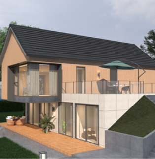 Easy Installation BIPV Solar Shingles on Modern Residential Cabin Easy-to-install BIPV solar tile roof on a modern two-story residential cabin, featuring seamless black solar shingles integrated with warm wood facades and a spacious outdoor terrace