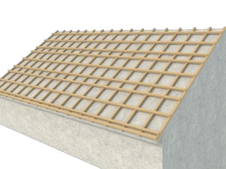 Solar roof tile installation guide step 1: laying out the grid-patterned wooden battens and counter-battens structure on a concrete house roof base
