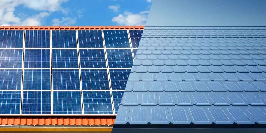 solar-tiles-vs-traditional-solar-panels-comparison A comparison image of traditional photovoltaic panels and new photovoltaic tiles. On the left are traditional blue photovoltaic modules added to a red tile roof, while on the right are neat and aesthetically pleasing blue solar photovoltaic tiles used directly as roofing material.
