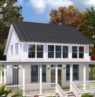 A‑level fire‑rated house with rooftop solar tile This is a modern residence with solar tiles installed on its pitched roof and a fire rating of Class A.