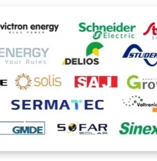 List of solar inverter brands with wide compatibility for energy storage lithium batteries - Wide Inverter Compatibility The file Wide Inverter Compatibility.jpg is a jigsaw puzzle showcasing the logos of compatible inverter brands. On a white background, the logos of several well-known new energy and power brands are neatly arranged, including Victron Energy, Schneider Electric, Studer, Solis, SAJ, Growatt, SERMATEC, Voltronic Power, GMDE, Sofar Solar, and Sinexcel, demonstrating the battery system's broad inverter compatibility.