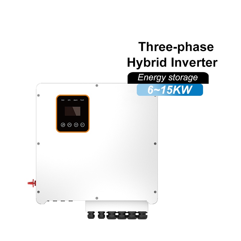 Wall-mounted three-phase hybrid inverter 6-15kW for solar energy storage system, featuring an LCD display screen and waterproof cable glands.