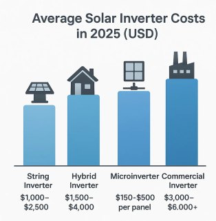average-solar-inverter-cost-comparison-2025 A bar chart illustrating average solar inverter costs in 2025 (USD), comparing string inverters ($1,000–$2,500), hybrid inverters ($1,500–$4,000), microinverters ($150–$500 per panel), and commercial inverters ($3,000–$6,000+).