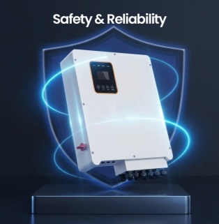 It emphasizes the high safety and excellent reliability of green energy equipment (photovoltaic energy storage inverters). A white solar energy storage inverter (SESV) for residential and commercial use is displayed on a stand. The background features a protective shield graphic that flashes blue light, surrounded by blue technological beams, with the words "Safety & Reliability" at the top.