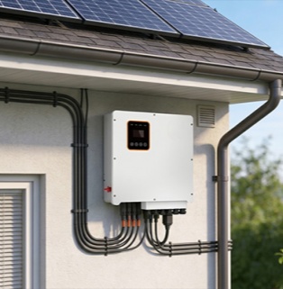 Residential Solar Hybrid Inverter Outdoor Installation A white modern solar hybrid inverter for home storage mounted on the exterior wall of a house. Neatly arranged black cables and conduits connect to the bottom of the device, leading up toward solar panels installed on the tiled roof above.