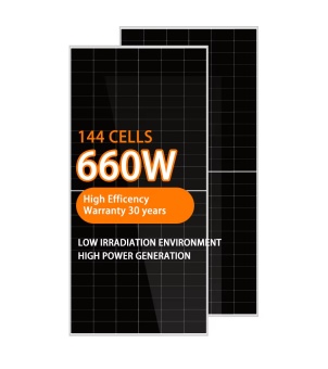 660W solar panel with 144 cells, high efficiency monocrystalline PV modules with 30-year warranty text on black background