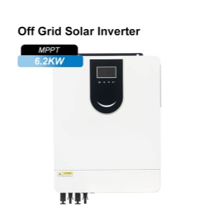 6.2kW off grid solar inverter with built-in MPPT solar charge controller, front view of white wall-mounted solar inverter