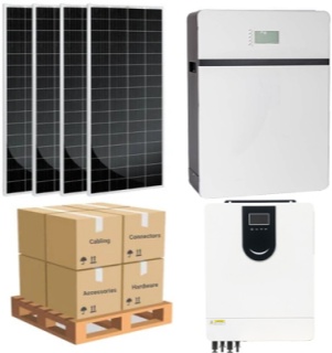 Complete off-grid solar energy system kit featuring 4 black solar panels, wall-mounted home battery, solar inverter, and accessories boxes on a wooden pallet