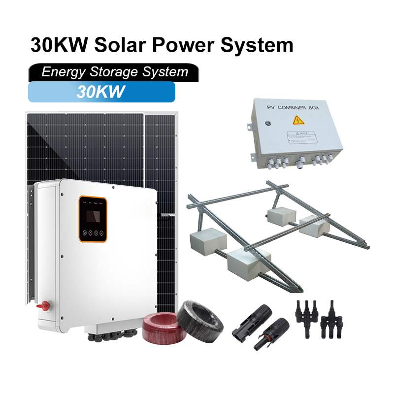 30kW on off grid solar energy system kits including blue solar panels, hybrid inverter, stacked home energy storage battery with wheels, and aluminum mounting rails
