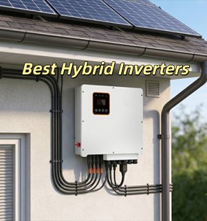 Best hybrid inverters text overlaid on an outdoor image of a white wall-mounted hybrid solar inverter with neatly arranged conduits under a residential tiled roof with solar panels