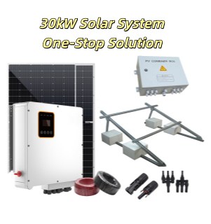 30kW solar system one-stop solution text overlaid on an image showcasing a high-efficiency solar inverter, black solar panels, PV combiner box, aluminum mounting rails with ballast concrete bases, and MC4 connectors
