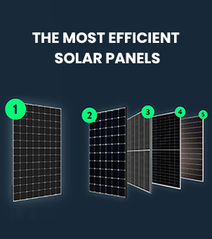 The most efficient solar panels text overlaid on a dark blue background showcasing five different types of high efficiency photovoltaic modules numbered 1 to 5