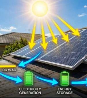 Home solar power system diagram on a rooftop, showing electricity generation from solar panels to a DC to ac inverter, directed into energy storage batteries, and supplying home power