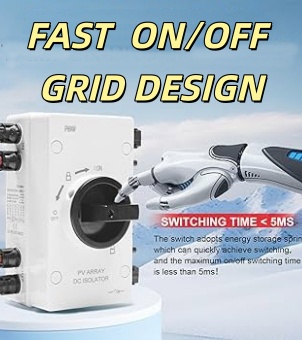 White PV array DC isolator switch featuring a tamper-proof rotary handle and less than 5ms fast switching time for solar energy systems.