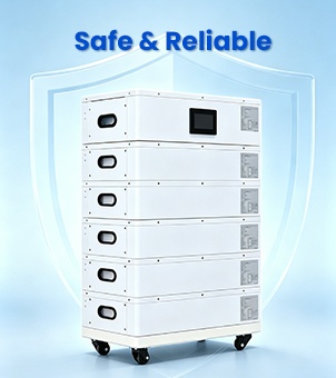A safe and reliable stacked home battery energy storage system featuring white, modular, removable lithium iron phosphate (LiFePO4) battery cells with 6 layers and a top touchscreen against a shield-shaped background, emphasizing safe home energy storage.