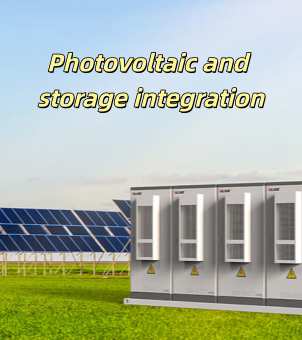 Industrial photovoltaic and storage integration project showing commercial containerized battery energy storage systems (BESS) installed alongside a large ground-mounted solar panel array on a grassy field.