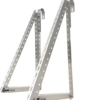 A pair of adjustable triangular balcony solar system mounting brackets in file Balcony solar system mounting bracket.jpg, featuring top railing hooks and multiple pre-drilled tilt angle adjustment holes on durable metallic frames against a white background