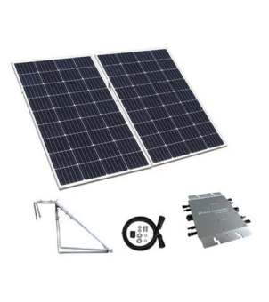 A complete modular balcony solar system kit from file 微信图片_20260602165234_388_32.png, displaying two monocrystalline solar panels, a triangular railing mounting bracket, an AC extension cable with bolts, and a smart grid-tied micro inverter on a white background