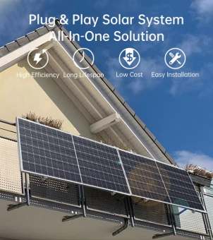 A promotional image from file wesdf.jpg titled Plug and Play Solar System All-In-One Solution, featuring four product benefits icons for High Efficiency, Long Lifespan, Low Cost, and Easy Installation above a residential balcony solar panels setup