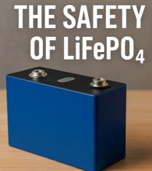 A close-up of a blue, square aluminum-cased lithium iron phosphate (LiFePO₄) cell, with the words 'THE SAFETY OF LiFePO₄' printed on it, highlighting the high safety of the energy storage battery.