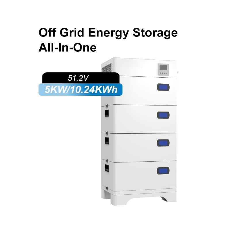 The main image shows a 5kW 10.24kWh off-grid photovoltaic and energy storage integrated unit with a white background. It adopts a modular stacked design and integrates a 51.2V energy storage battery and inverter.