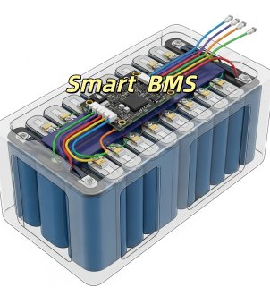 A 3D model of a lithium battery pack under a transparent casing. Internally, it consists of two rows of densely packed blue cylindrical lithium iron phosphate cells. At the top center of the battery pack is a black integrated circuit board with the words 
