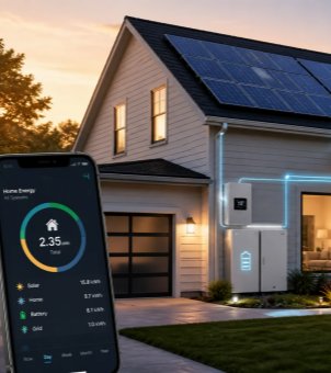 An image showcasing a smart home energy storage monitoring scenario. In the foreground is a smartphone running an app called 'Home Energy,' displaying real-time data on solar power generation, home electricity consumption, battery usage, and grid usage in colorful pie charts and numerical formats. In the background is a modern home equipped with rooftop solar panels and external wall-mounted battery storage cabinets, with blue glowing lines connecting the components to indicate the interconnection of data and electricity.
