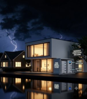 A modern house remains fully illuminated using a home energy storage system with a solar inverter and battery bank during a nighttime thunderstorm with lightning.