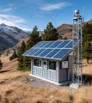 An off-grid remote monitoring station equipped with a roof-mounted solar panel array and an antenna tower, situated in a mountainous wilderness area