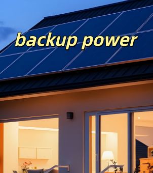A promotional image illustrating a home backup power concept. Against the backdrop of nightfall, multiple dark blue solar panels are neatly arranged on the sloping roof of a modern house. The words 