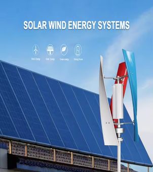 A conceptual diagram of a residential wind-solar hybrid energy system. Against a clear blue sky, on the left is a residential rooftop covered with large dark blue solar photovoltaic panels, while on the right stands a miniature wind turbine with red, white, and blue vertical spiral blades. The words 