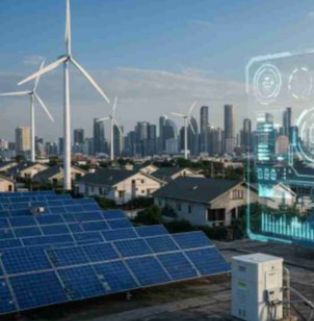 Intelligent Hybrid Energy Management and Smart City Microgrid System Conceptual diagram of intelligent hybrid energy management. The foreground shows blue solar photovoltaic panels installed on the roof, with a white industrial energy storage cabinet standing to its lower right; the midground shows a modern residential community surrounded by several towering white wind turbines; the background is a city skyline of skyscrapers under a clear sky. A futuristic, semi-transparent, cyan-blue digital monitoring dashboard and data chart UI is overlaid on the right side of the image, highlighting the intelligent communication and scheduling management of the wind-solar-storage hybrid energy system.