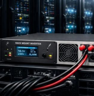 Professional Rack Mount Inverter in Server Room Data Center A close-up of a rack-mounted inverter running on a server rack. The left side of the inverter features a black control panel with the words