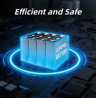 Conceptual diagram of core technology for high-efficiency and safe LiFePO₄ lithium iron phosphate energy storage cells A technologically advanced concept image for a battery product. Above a dark, futuristic circuit board background, the words 'Efficient and Safe' are written in white italics. At the center of the image is a lithium-ion battery pack composed of four blue, square cells, with the words 'LiFePO₄ BATTERY' prominently printed in white on the side. The battery pack is surrounded by a bright blue holographic energy halo, highlighting its high efficiency and safety features.