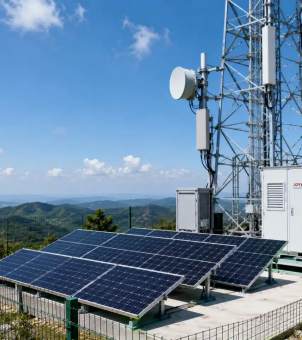 Under a clear blue sky dotted with white clouds, a modern communication base station stands atop a mountain. On the right side of the image is a towering steel communication tower, housing microwave antennas and signal base station equipment, with white equipment control cabinets beside it. To the left of the foreground, a green mesh fence surrounds several rows of solar panel arrays, tilted towards the sun, providing clean energy for the entire base station.