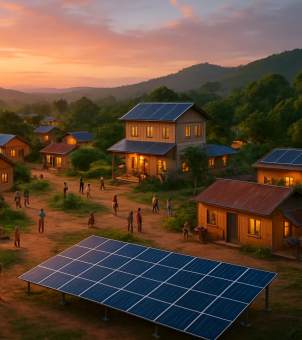 A heartwarming aerial view at sunset showcasing the electrification achievements of a remote village. Against a backdrop of beautiful orange-red sunset and distant mountains, several wooden houses dot the village, many with solar panels on their roofs. Warm yellow light shines from every window, and villagers stroll and chat among the dirt roads and green grass. In the foreground stands a large, neatly arranged group of ground-mounted solar photovoltaic panels, symbolizing the clean microgrid power system currently in use by the entire village.