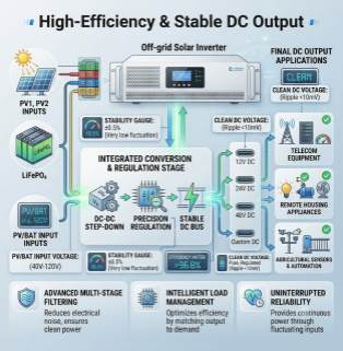 Schematic diagram of high-efficiency and stable DC output technology A nearly square, blue, high-tech infographic features the headline