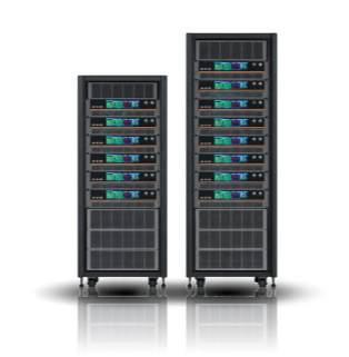Modular and scalable architecture industrial-grade DC module power system demonstration Two black industrial-grade DC modular power supply cabinets are displayed side-by-side against a pure white background. The cabinet on the left is shorter, with six modular power units, each equipped with a color LCD screen and a knob, stacked vertically inside. The cabinet on the right is taller, with eight identical power modules stacked inside, fully demonstrating the system's scalability. Both cabinets are equipped with casters and fixed feet at the bottom, casting clear reflections on the ground.