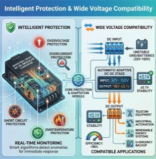 Infographic on intelligent protection and wide voltage compatibility technology of industrial-grade DC modular converters A nearly square, high-tech infographic with the white title 'Intelligent Protection & Wide Voltage Compatibility' at the top. The infographic is divided into two main sections: the left side, 'INTELLIGENT PROTECTION', showcases a black industrial-grade DC-DC modular converter with internal illuminated gold integrated circuits. Circular icons around the converter indicate overvoltage, overcurrent, short-circuit, and overtemperature protection, and a real-time monitoring description is provided at the bottom. The right side, 'WIDE VOLTAGE COMPATIBILITY', uses a flowchart to illustrate how an unstable grid or battery (32V-150V) input, through an automatic adaptive DC-DC stage, is ultimately converted into a highly stable 48V DC output with ±0.1V and greater than 96% efficiency, leading to four application icons in the lower right corner: communication equipment, industrial automation, renewable energy systems, and emergency backup power.
