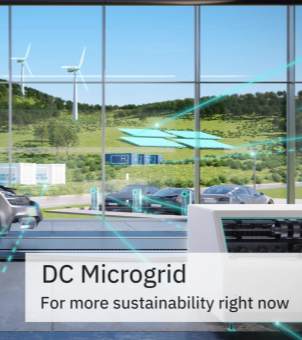 A conceptual diagram showcasing a DC microgrid solution. The image looks out through a massive glass wall, revealing lush green mountains and a blue sky. Several white wind turbines stand atop the mountains, while blue solar panels and white energy storage containers are neatly arranged on the slopes. Several electric vehicles are charging in the foreground. Translucent cyan beams of light, representing the flow of energy, trace across the glass. A white text box in the lower left corner reads &lsquo;DC Microgrid&rsquo; with the subtitle &lsquo;For more sustainability right now&rsquo;.