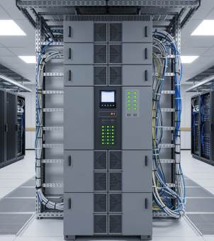 The interior of a modern, clean, and tidy data center server room. In the center stands a tall, dark gray modular UPS (Uninterruptible Power Supply) cabinet, with a digital LCD screen embedded in the center and two rows of neatly arranged, illuminated green status indicator lights on the right. Metal cable trays are fixed to both sides of the cabinet, densely bundled with numerous thick, black, white, and blue power and communication cables, extending to the ceiling. In the background, rows of black server racks stretch into the distance, and the floor is covered with anti-static raised flooring, presenting a highly professional information technology infrastructure environment.