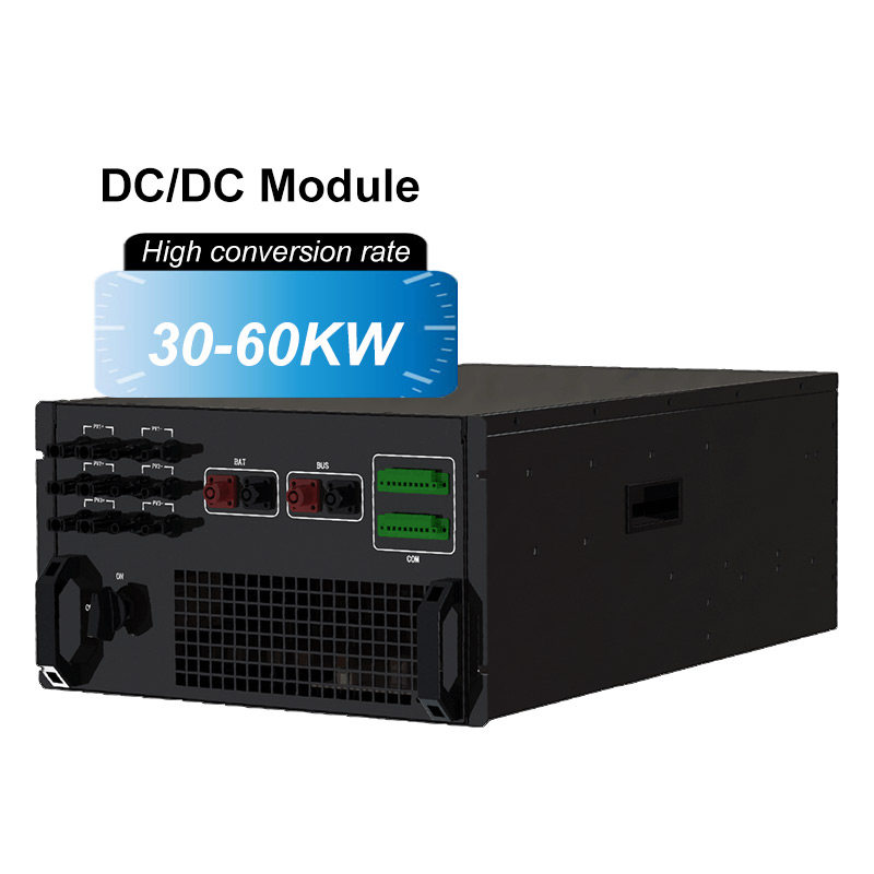 Against a pure white background, a black standard rack-mount industrial-grade DC/DC modular power supply is displayed. On the left side of the front panel, multiple black terminal blocks are arranged, with a red and black high-current connection port labe