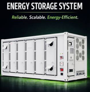 Main promotional image showcasing the core advantages of highly integrated industrial-grade containerized energy storage systems (ESS) This is a main marketing image for an industrial energy storage system. At the top of the image are the bold white words 'ENERGY STORAGE SYSTEM,' followed by the core selling points in green italics: 'Reliable. Scalable. Energy-Efficient.' The image centers on a large white containerized energy storage unit placed on a green reflective surface, shown from a side perspective. The front of the container features six neatly arranged white protective doors with mechanical locking levers, and the end doors integrate localized ventilators with rain covers. The right side panel of the container highly integrates the system control area, including an embedded control box with a digital display, a red emergency stop button, various indicator light switches, and a vertically arranged row of six powerful circular cooling fan grilles on the far right. The overall image presents a highly sophisticated, explosion-proof, and reliable image of a modern, large-scale power equipment.