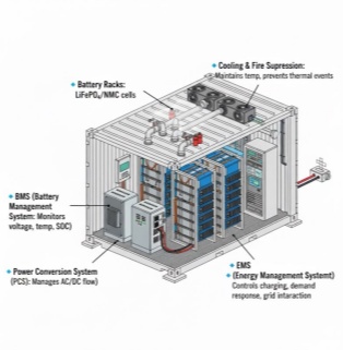 Internal configuration topology diagram of containerized battery energy storage system (BESS) multi-system integration A diagram illustrating the internal structure of a containerized energy storage system is displayed against a clean, pure white background. At the center is a standard white container shown at an angle, its sides and top concealed to reveal a compact internal configuration of gray and blue hardware. Technical text labels with blue dots and arrows surround the image: the upper left arrow points to two rows of stacked dark blue and black lithium-ion battery structures, labeled ‘Battery Racks: LiFePO4/NMC cells’; the system with gray pipes and black equipment on top is labeled ‘Cooling & Fire Supression: Maintains temp, prevents thermal events’; two smaller gray cabinets on the left are labeled ‘BMS (Battery Management System: Monitors voltage, temp, SOC)’ and ‘Power Conversion System (PCS): Manages AC/DC flow’; and a tall control cabinet with multiple indicator lights on the right is labeled ‘EMS (Energy Management System): Controls charging, demand response, grid interaction’. The cable in the lower right corner extends outside the box, clearly and scientifically showcasing the rich configuration of an industrial-grade large-scale energy storage system.