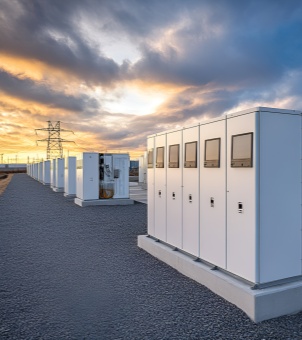 On a vast outdoor industrial site paved with gray gravel, rows of containerized battery energy storage systems are on display. In the foreground on the right is a unit consisting of five tall, closely spaced white energy storage cabinets, each topped with a dark gray square panel and fitted with a small black door lock assembly, all securely mounted on a white concrete base. Further along the gravel path extending to the left, more identical rows of white energy storage cabinets stand neatly in a line, one of which has its access door open, revealing glimpses of the complex gold and silver electrical components inside. In the midground on the left, a tall metal high-voltage transmission tower (grid tower) rises, above which a twilight sky, overcast with interspersed with vibrant golden rays of sunset, perfectly depicts the industrial park's energy infrastructure.