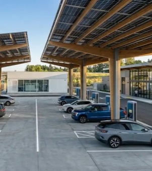 An aerial view of a modern, stylish outdoor electric vehicle integrated 