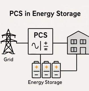 A simplified topology diagram of the power conversion principle of a PCS (Power Conversion System) in an energy storage system. This image presents a vector topology diagram of an energy storage system converter (PCS) against a clean, off-white background. The title, 'PCS in Energy Storage,' is displayed in black text above the image. In the center is a large white square icon representing the PCS, containing the bold lettering 'PCS.' Below it are a wavy line symbol (~) representing alternating current and plus/minus symbols (+/-) representing direct current, separated by a vertical line. To the left of the PCS box is a black high-voltage transmission tower icon labeled 'Grid'; below are three gray battery icons labeled 'Energy Storage' with orange plus and black minus signs; and to the right is a light gray double-story house icon representing the user terminal with two windows. All components are interconnected by simple black lines, clearly illustrating the energy flow between the grid, converter, energy storage batteries, and the load house.